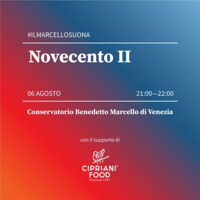 Sabato 6 agosto ore 21:00
𝐍𝐨𝐯𝐞𝐜𝐞𝐧𝐭𝐨 𝐈𝐈 il quinto e ultimo concerto de 𝐈𝐥 𝐌𝐚𝐫𝐜𝐞𝐥𝐥𝐨 𝐒𝐮𝐨𝐧𝐚 la rassegna musicale del @conservatoriovenezia con lo scopo di sostenere borse di studio per gli studenti più meritevoli.

🎟️ Biglietti disponibili sul sito https://www.veniceontop.com/evento/novecento-ii/ o presso la biglietteria a partite da 30 minuti prima dell'inizio del concerto.

_
Il programma di sabato si aprirà con due brani per quartetto di flauti, ensemble non certo frequentato dai compositori storici come l’analogo per archi. Forse proprio questo porta gli autori del secolo XX – in particolare francesi, paese in cui gli strumenti a fiato hanno sempre avuto grande sviluppo tecnico e attenzione da parte dei compositori – a “recuperare” con brani anche piuttosto curiosi e descrittivi come “Giorno d’estate in montagna” di Bozza o “Gatti” di Berthomieu.

La parte pianistica della serata accosta due autori molto significativi, che hanno apportato grandi innovazioni nella letteratura pianistica. Il Notturno di Scriabin, dove si evince un’emancipazione della struttura coloristica e timbrica dello strumento che si carica di sfumature ed ombre. La Sonatina di Ravel, nella sua piccola forma geometrica rivela affascinanti giochi timbrici creati grazie all’uso di una scrittura che prelude le avanguardie pianistiche del 900: se nei primi due tempi si evidenzia un carattere sognante ottenuto con una grande eleganza del tocco, nel terzo tempo si assiste ad un moto perpetuo che rivela fasci sonori luminosi ed una ampia tavolozza timbrica.

Composto nel 1999 dal compositore svizzero Daniel Schnyder, il Trio per sassofoni e pianoforte si caratterizza per una scrittura poliedrica al limite tra musica contemporanea e musica jazz. Scritto originariamente per pianoforte, sax soprano e trombone, la variante con sax baritono offre una sonorità altrettanto interessante e originale.

_ 
Con il sostegno di @ciprianifood 
Con il patrocinio de @lecittainfesta 
Media partner @venezia360 
_
#ilmarcellosuona #ilmarcellosuona2022 #visitbenedettomarcello #visitpalazzopisani #conservatoriobenedettomarcello #crowdfundingbenedettomarcello #crowdfundingcampaign #veniceontop